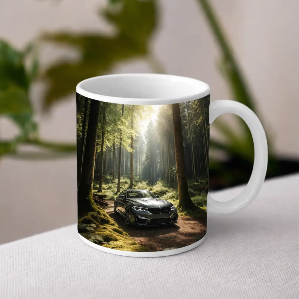 BMW M2 Parked in Sunlit Forest – Mugs