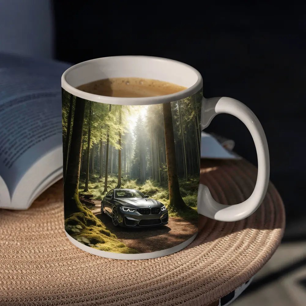 BMW M2 Parked in Sunlit Forest – Mugs