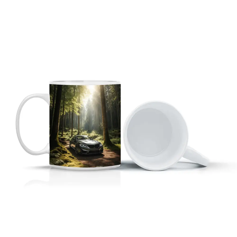 BMW M2 Parked in Sunlit Forest – Mugs