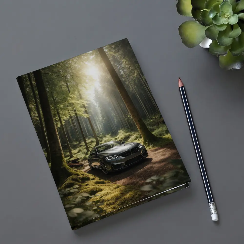 BMW M2 Parked in Sunlit Forest – Notebooks
