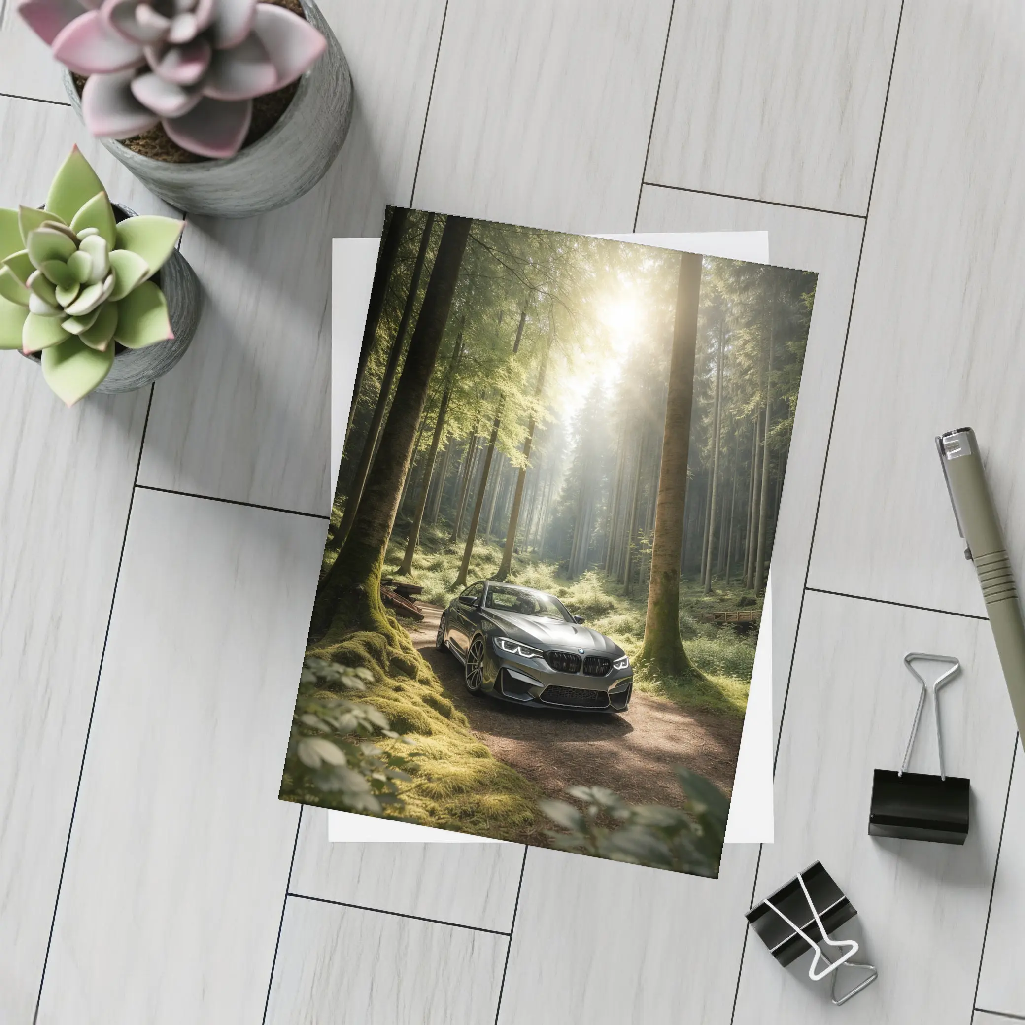 BMW M2 Parked in Sunlit Forest – Postcards
