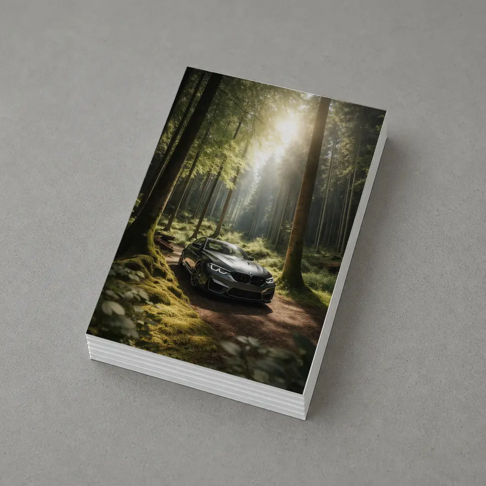 BMW M2 Parked in Sunlit Forest – Postcards