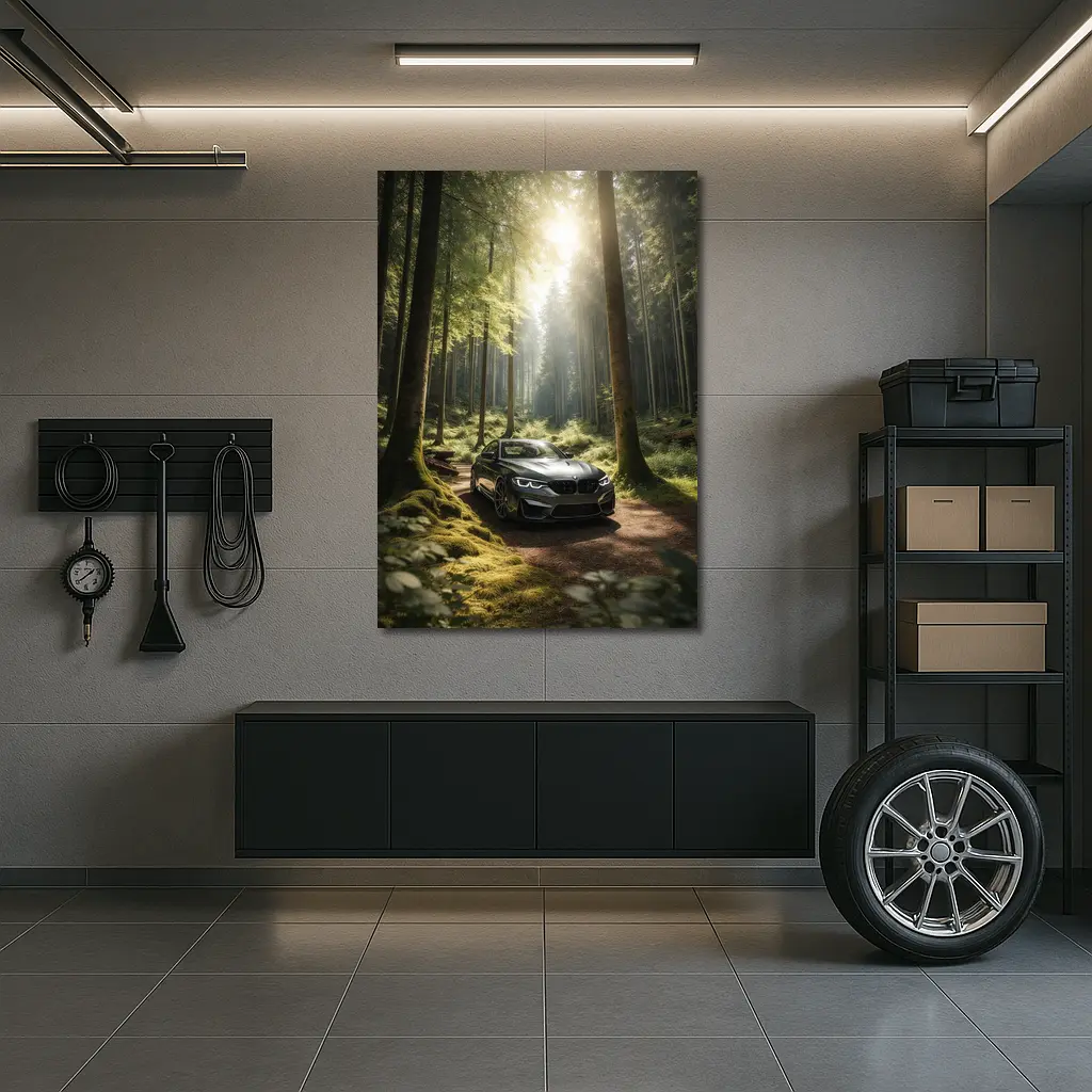 BMW M2 Parked in Sunlit Forest – Wall Art