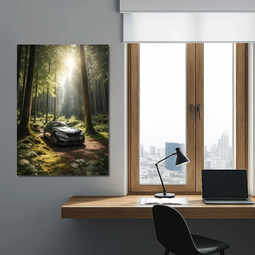 BMW M2 Parked in Sunlit Forest – Wall Art