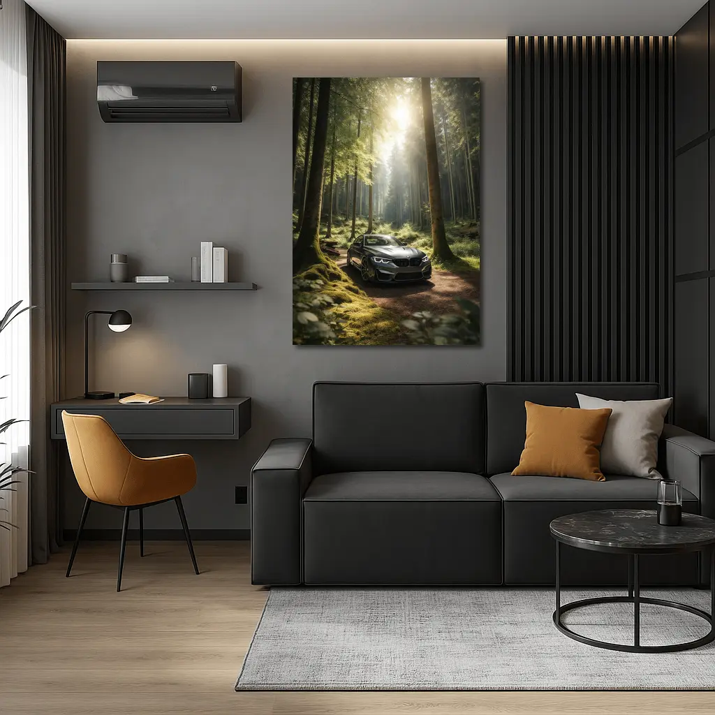 BMW M2 Parked in Sunlit Forest – Wall Art