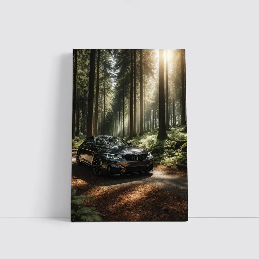 BMW M3 Parked in Sunlit Forest – Wall Art