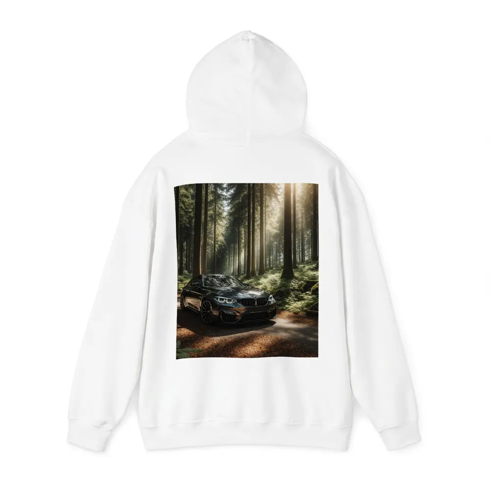 BMW M3 Parked in Sunlit Forest – Hoodies