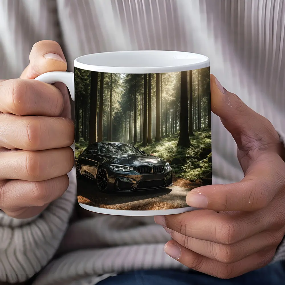 BMW M3 Parked in Sunlit Forest – Mugs