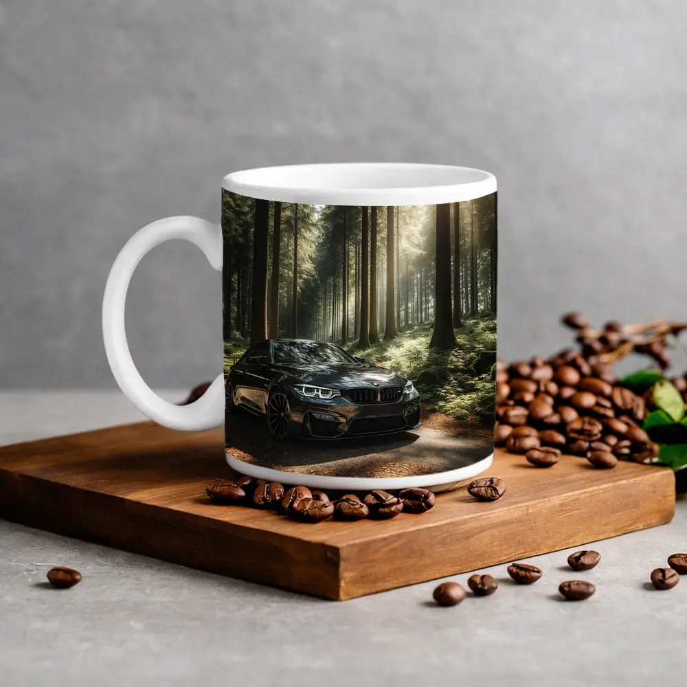 BMW M3 Parked in Sunlit Forest – Mugs