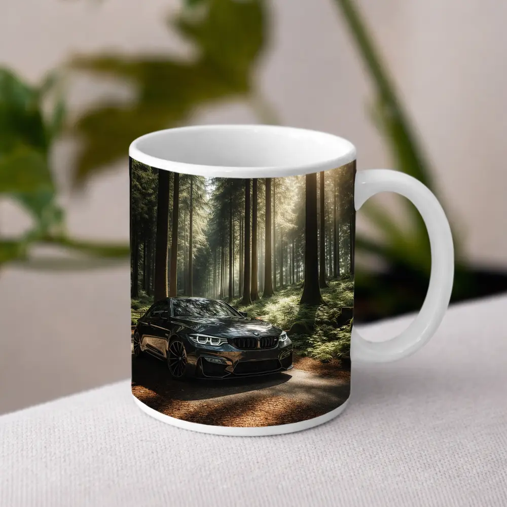 BMW M3 Parked in Sunlit Forest – Mugs
