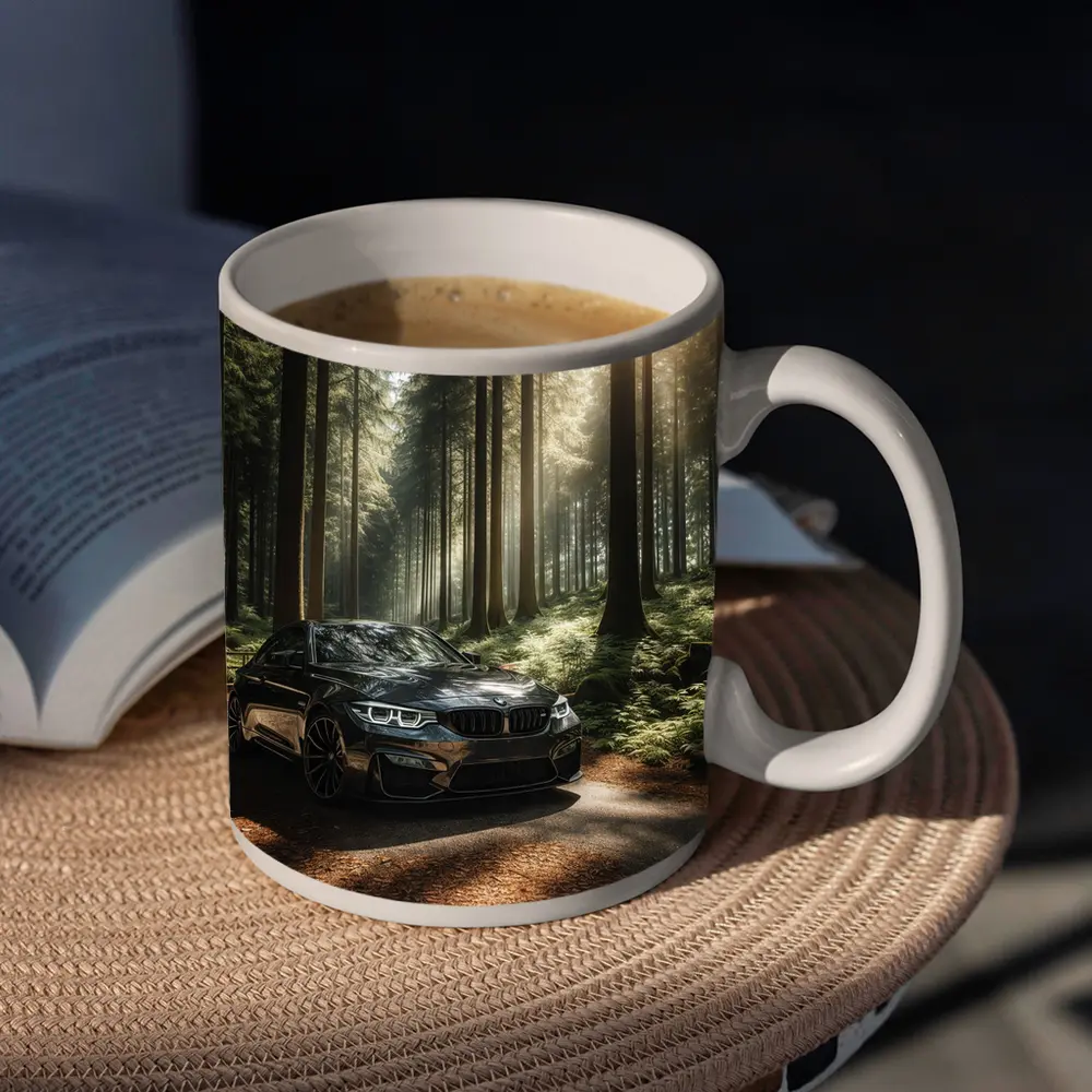 BMW M3 Parked in Sunlit Forest – Mugs