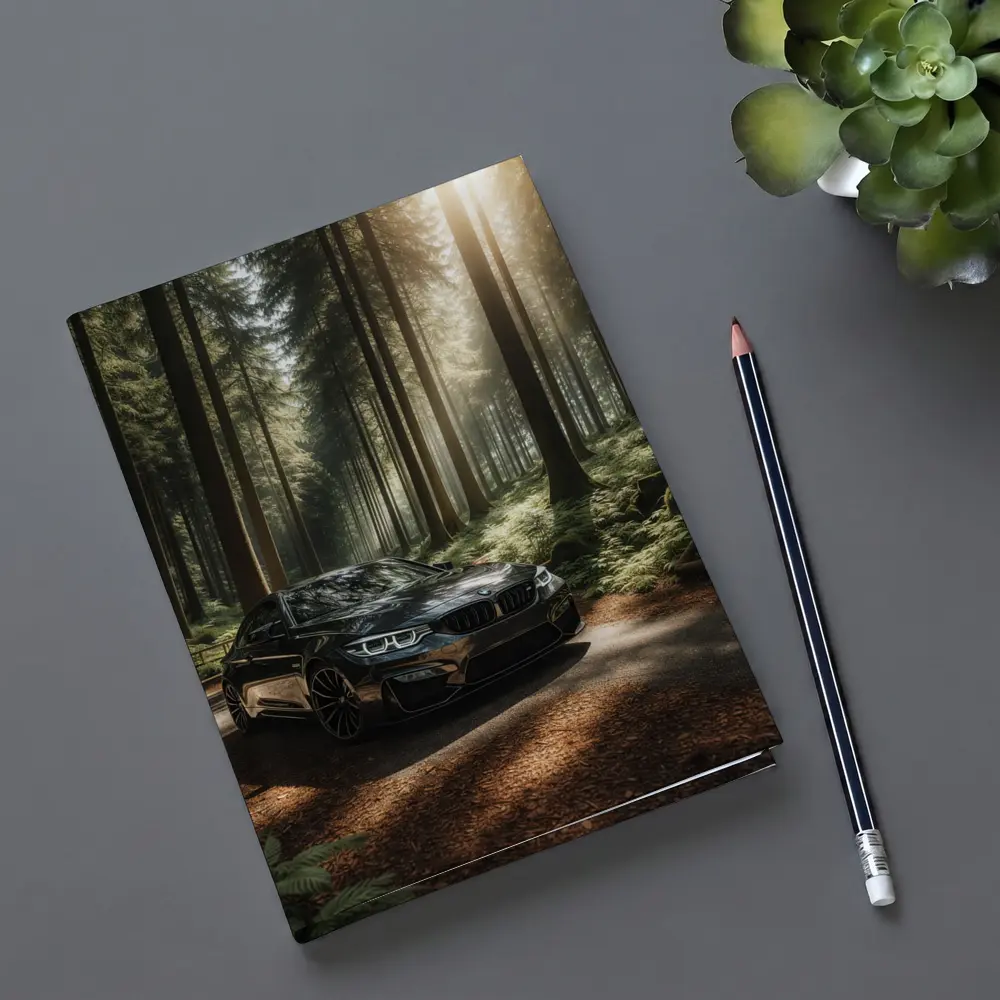 BMW M3 Parked in Sunlit Forest – Notebooks