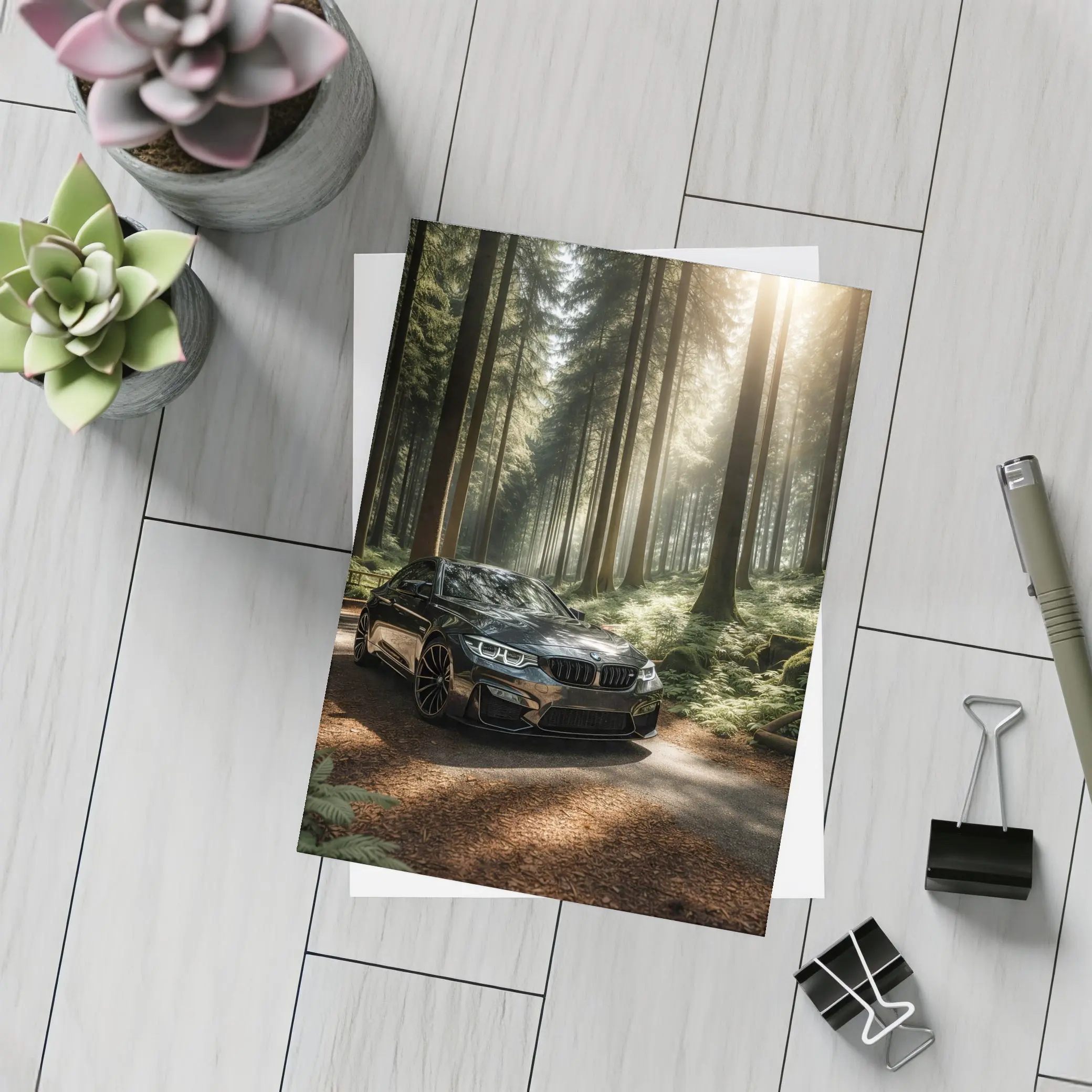 BMW M3 Parked in Sunlit Forest – Postcards