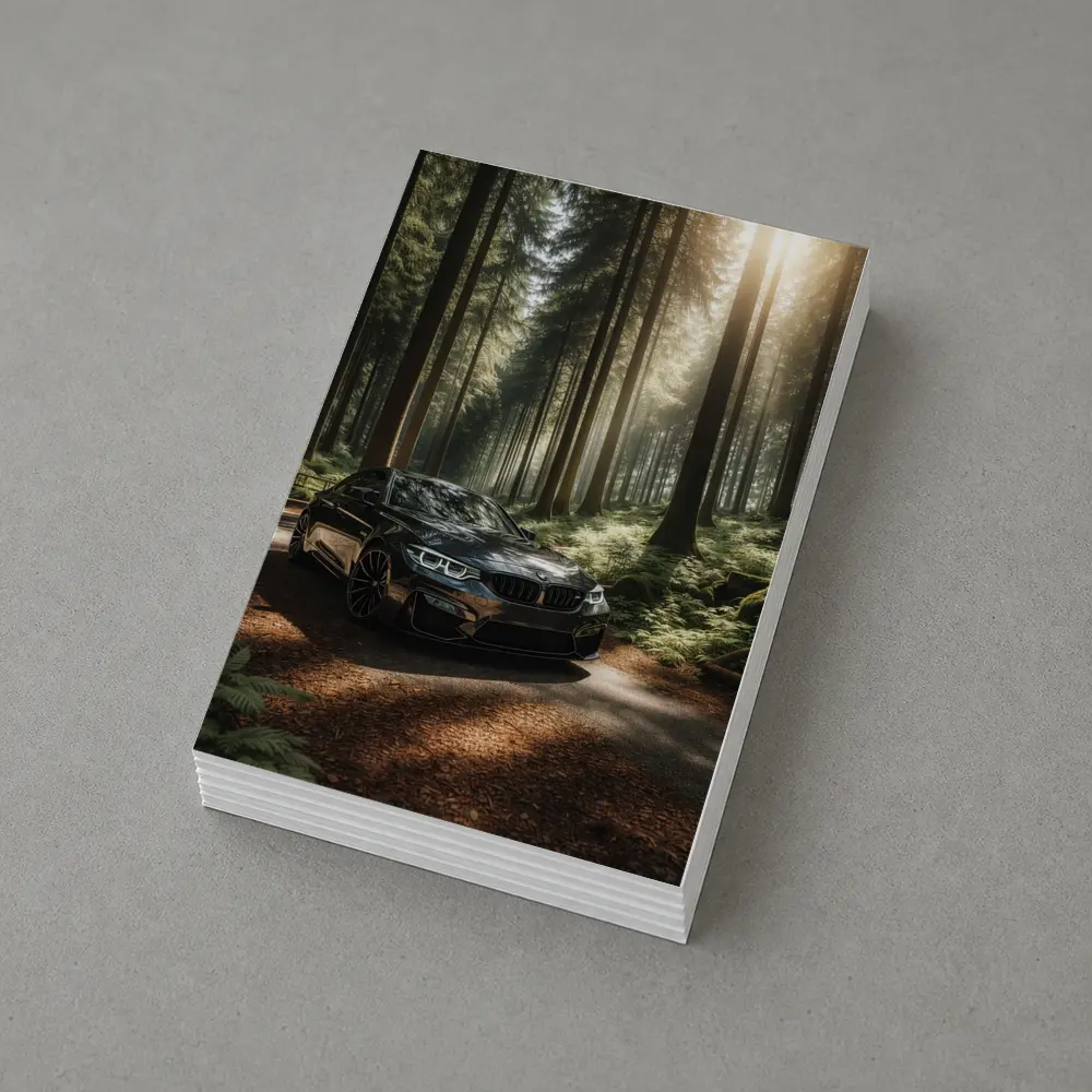 BMW M3 Parked in Sunlit Forest – Postcards