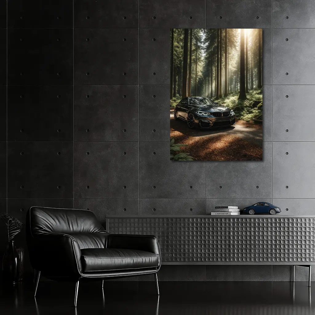BMW M3 Parked in Sunlit Forest – Wall Art