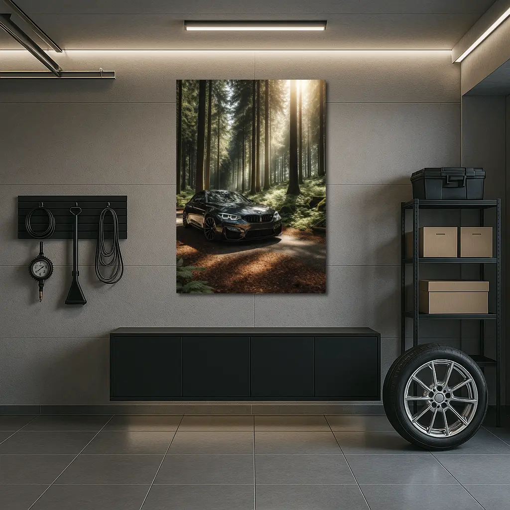 BMW M3 Parked in Sunlit Forest – Wall Art