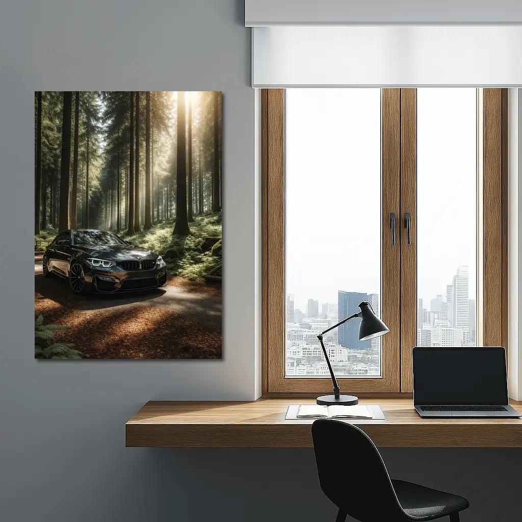 BMW M3 Parked in Sunlit Forest – Wall Art