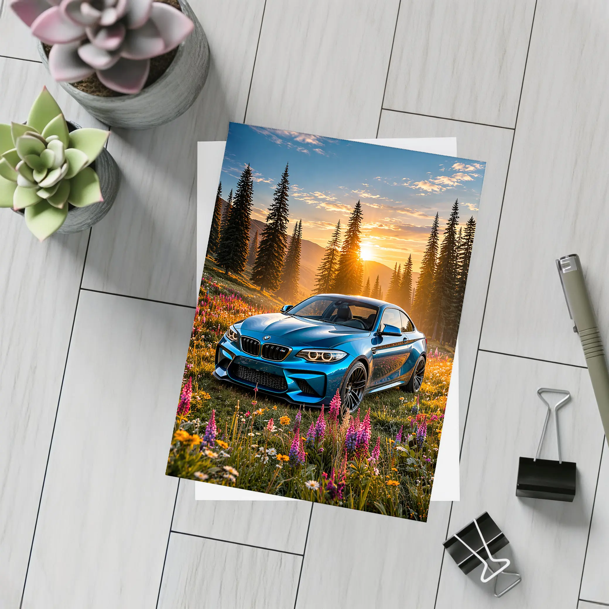 BMW M2 Blue Coupe Wildflower Sunset Meadow – Postcards