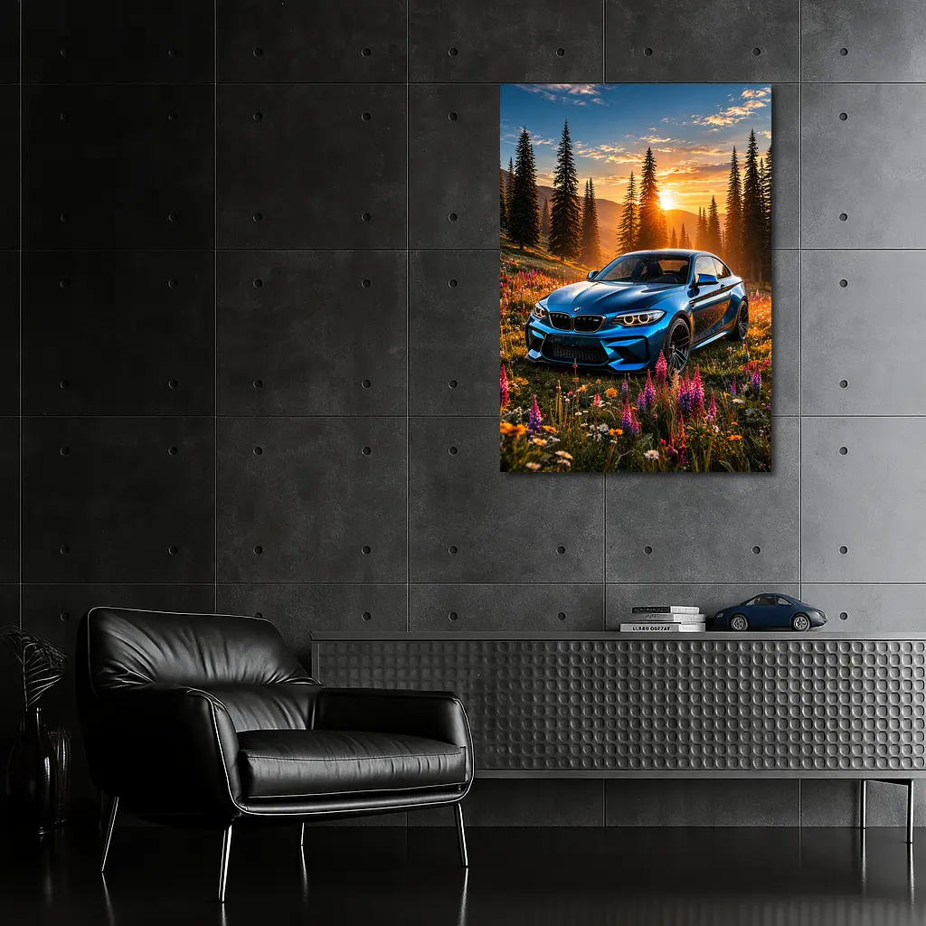 BMW M2 Blue Coupe Wildflower Sunset Meadow – Wall Art