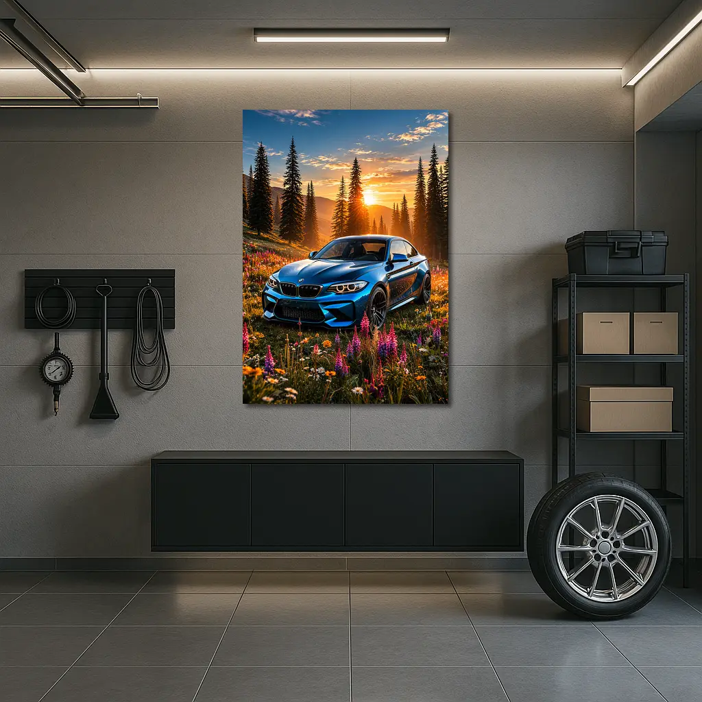 BMW M2 Blue Coupe Wildflower Sunset Meadow – Wall Art