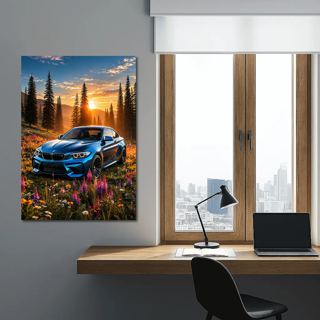 BMW M2 Blue Coupe Wildflower Sunset Meadow – Wall Art