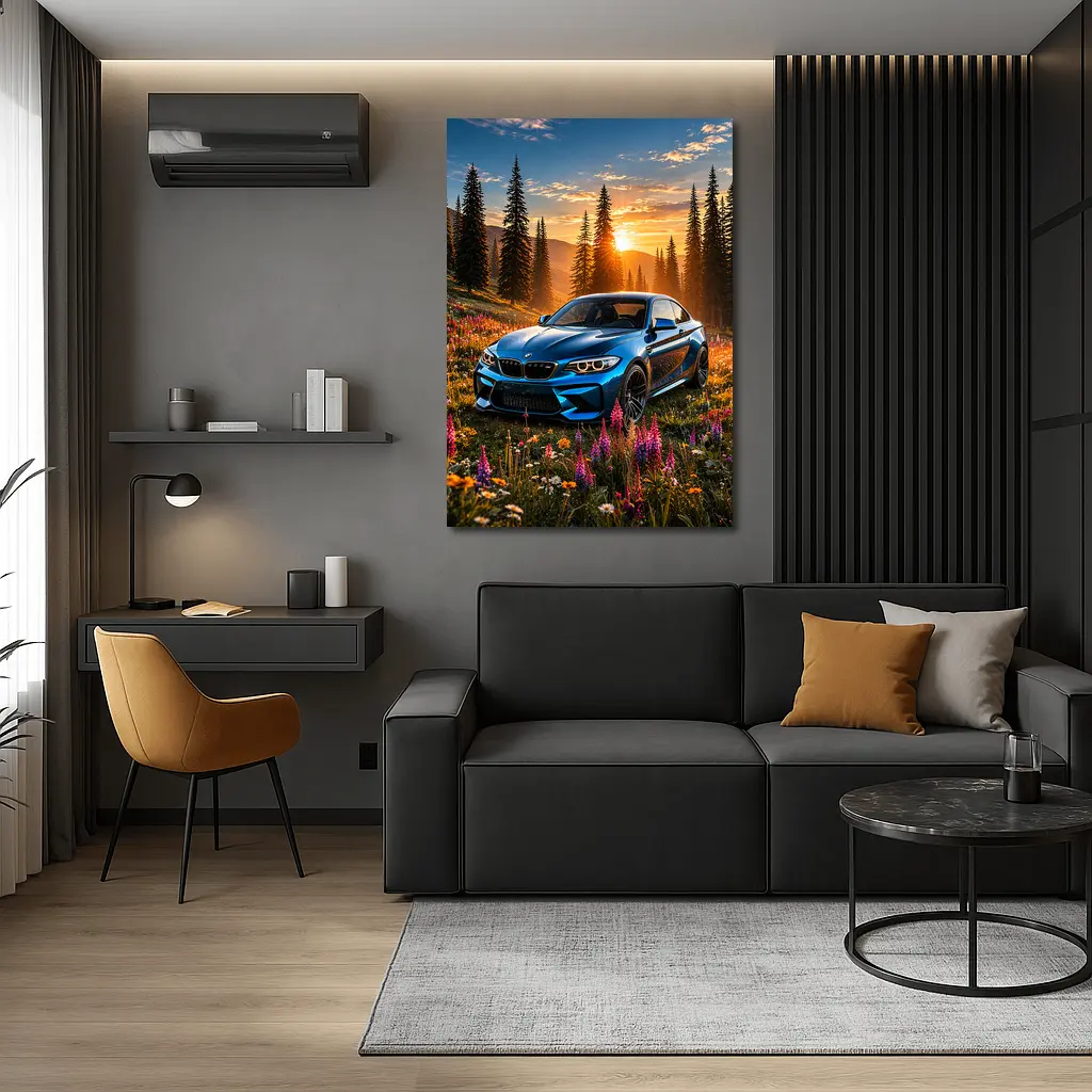 BMW M2 Blue Coupe Wildflower Sunset Meadow – Wall Art