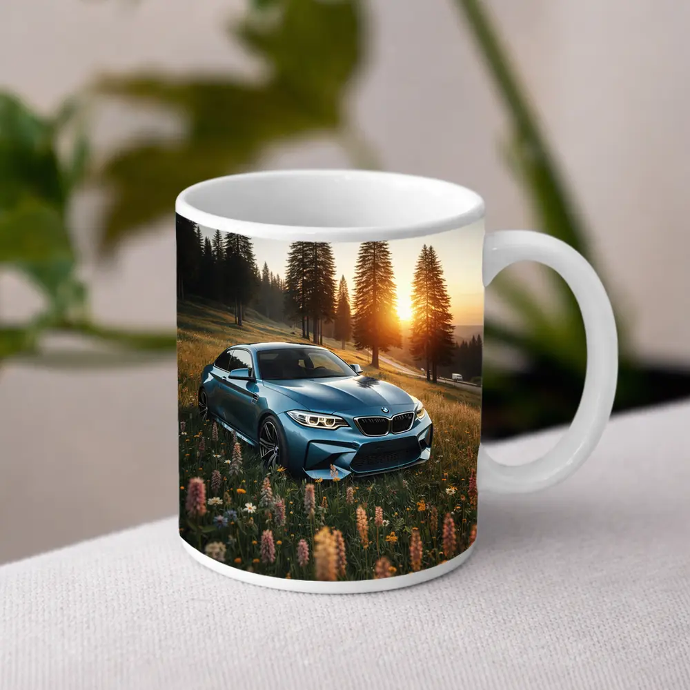 BMW M2 Blue Coupe Wildflower Meadow Sunset – Mugs