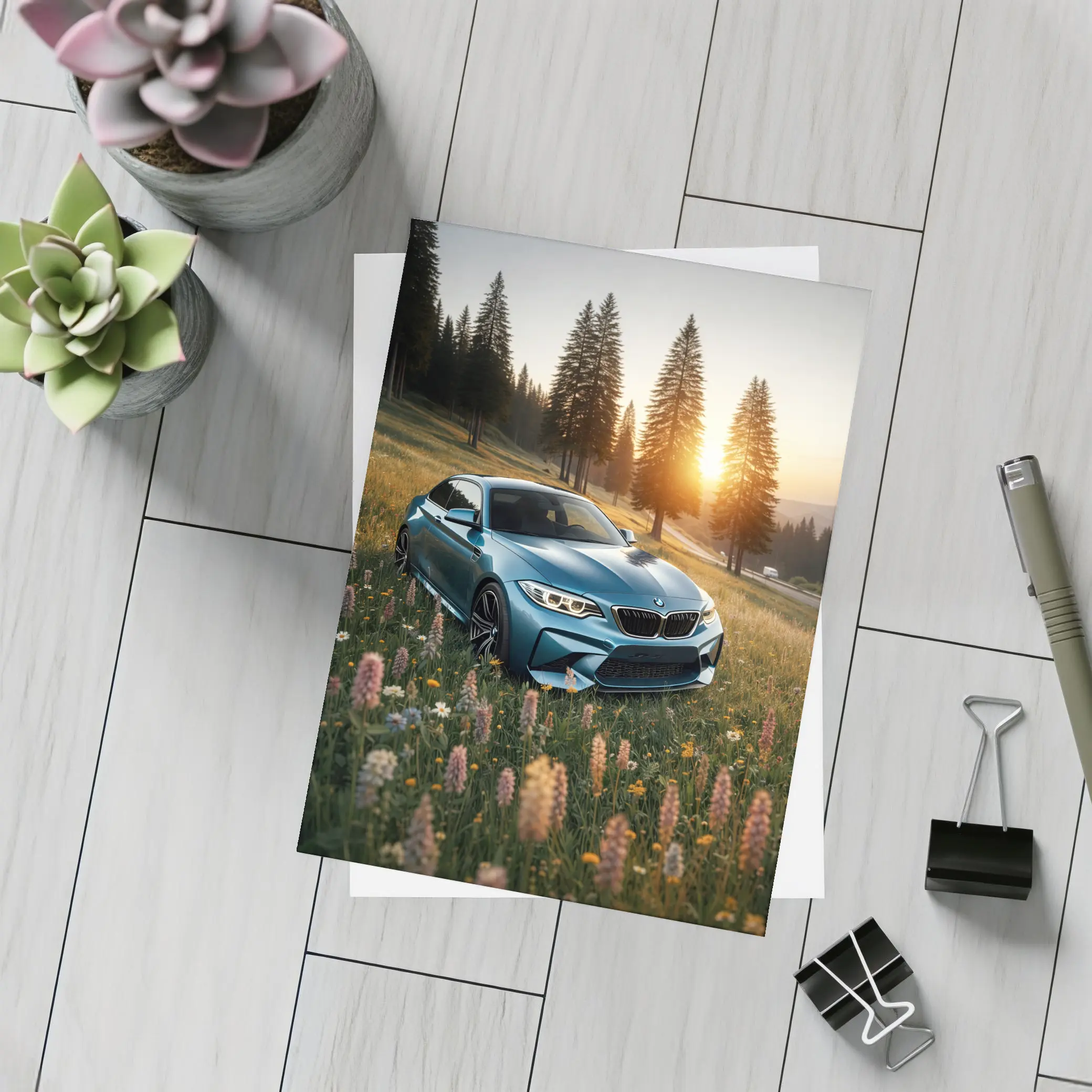 BMW M2 Blue Coupe Wildflower Meadow Sunset – Postcards