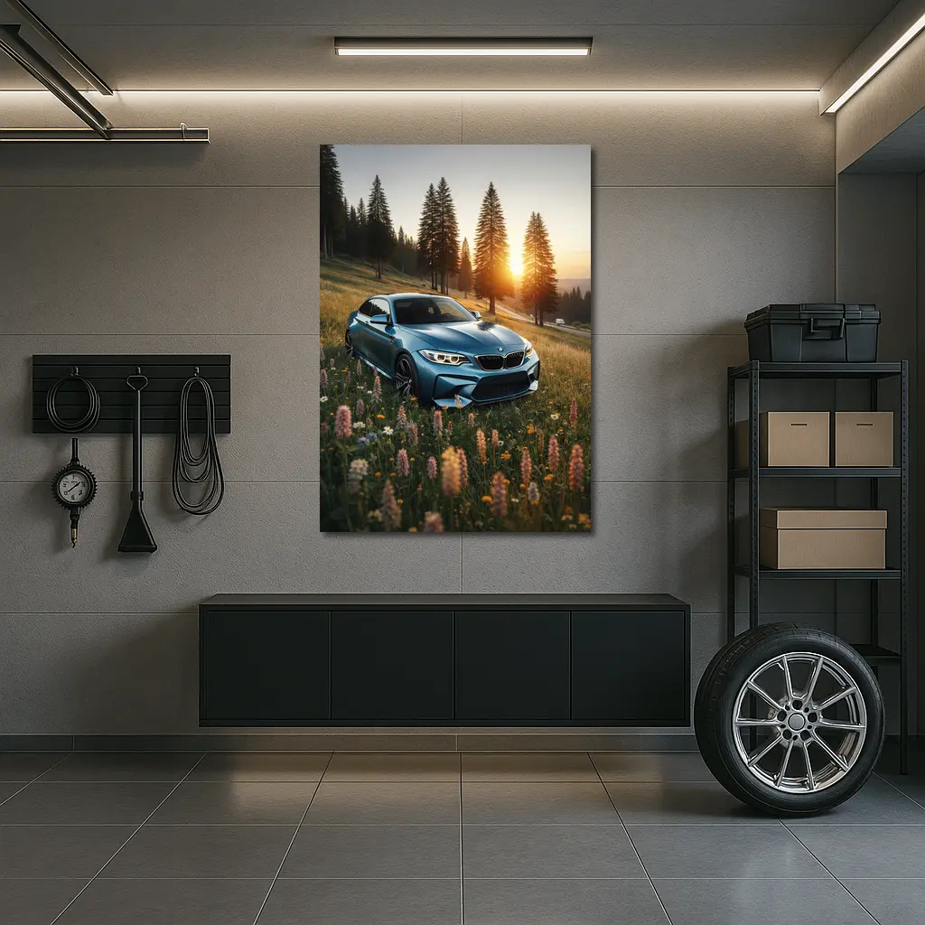 BMW M2 Blue Coupe Wildflower Meadow Sunset – Wall Art