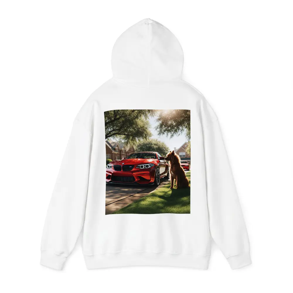 Red BMW M2 Dog Suburban Driveway Scene – Hoodies