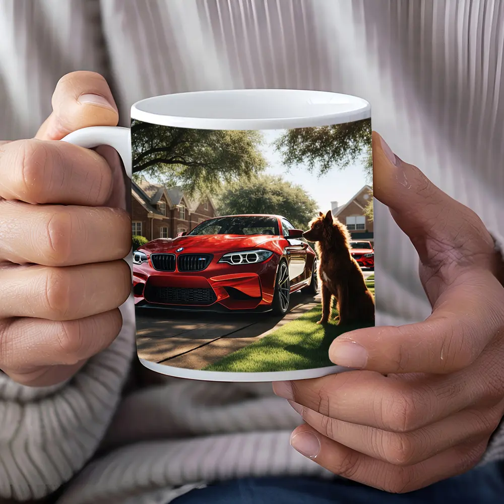 Red BMW M2 Dog Suburban Driveway Scene – Mugs