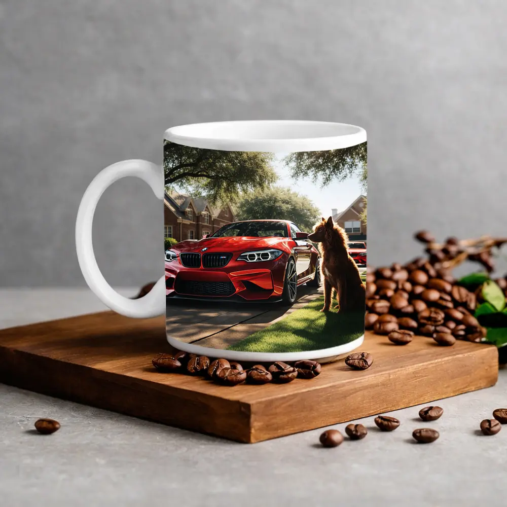 Red BMW M2 Dog Suburban Driveway Scene – Mugs