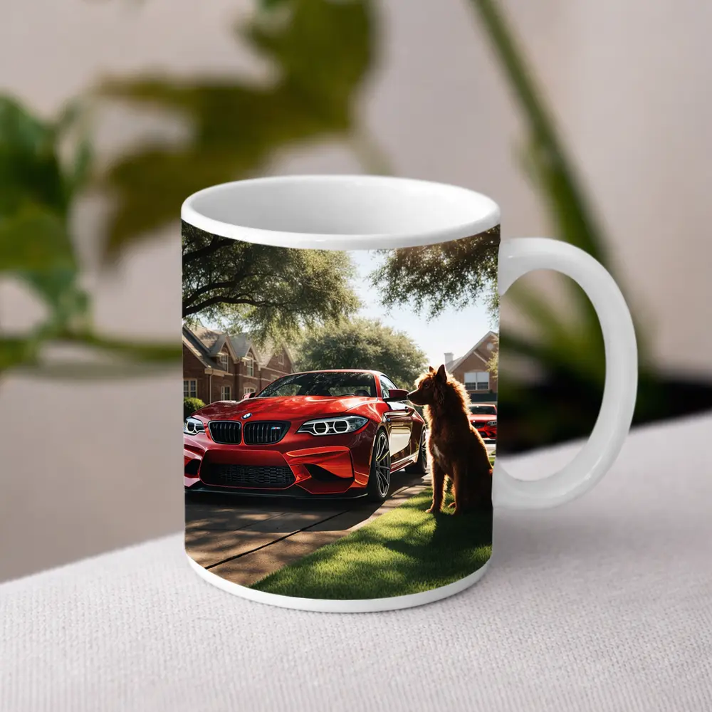 Red BMW M2 Dog Suburban Driveway Scene – Mugs