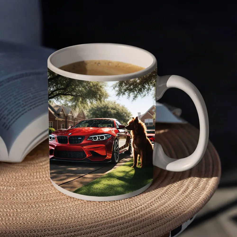 Red BMW M2 Dog Suburban Driveway Scene – Mugs