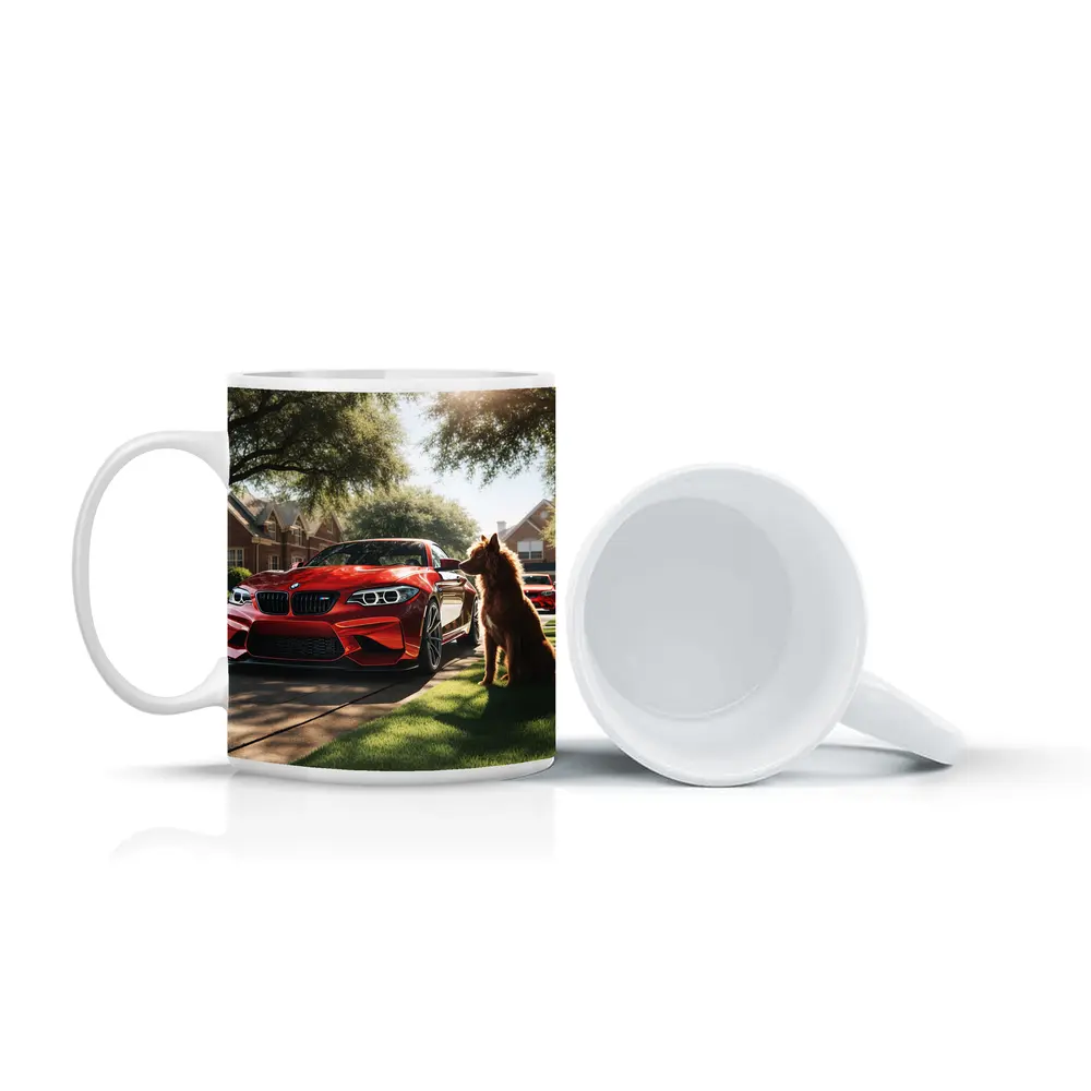Red BMW M2 Dog Suburban Driveway Scene – Mugs