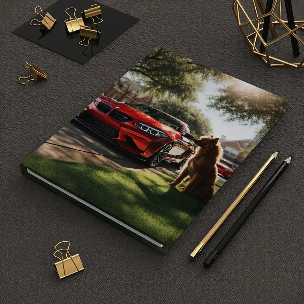 Red BMW M2 Dog Suburban Driveway Scene – Notebooks