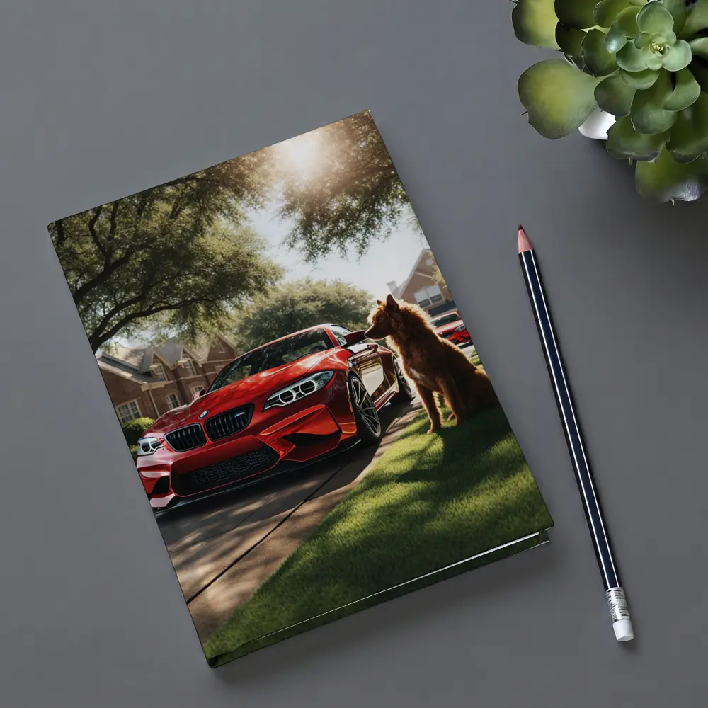 Red BMW M2 Dog Suburban Driveway Scene – Notebooks