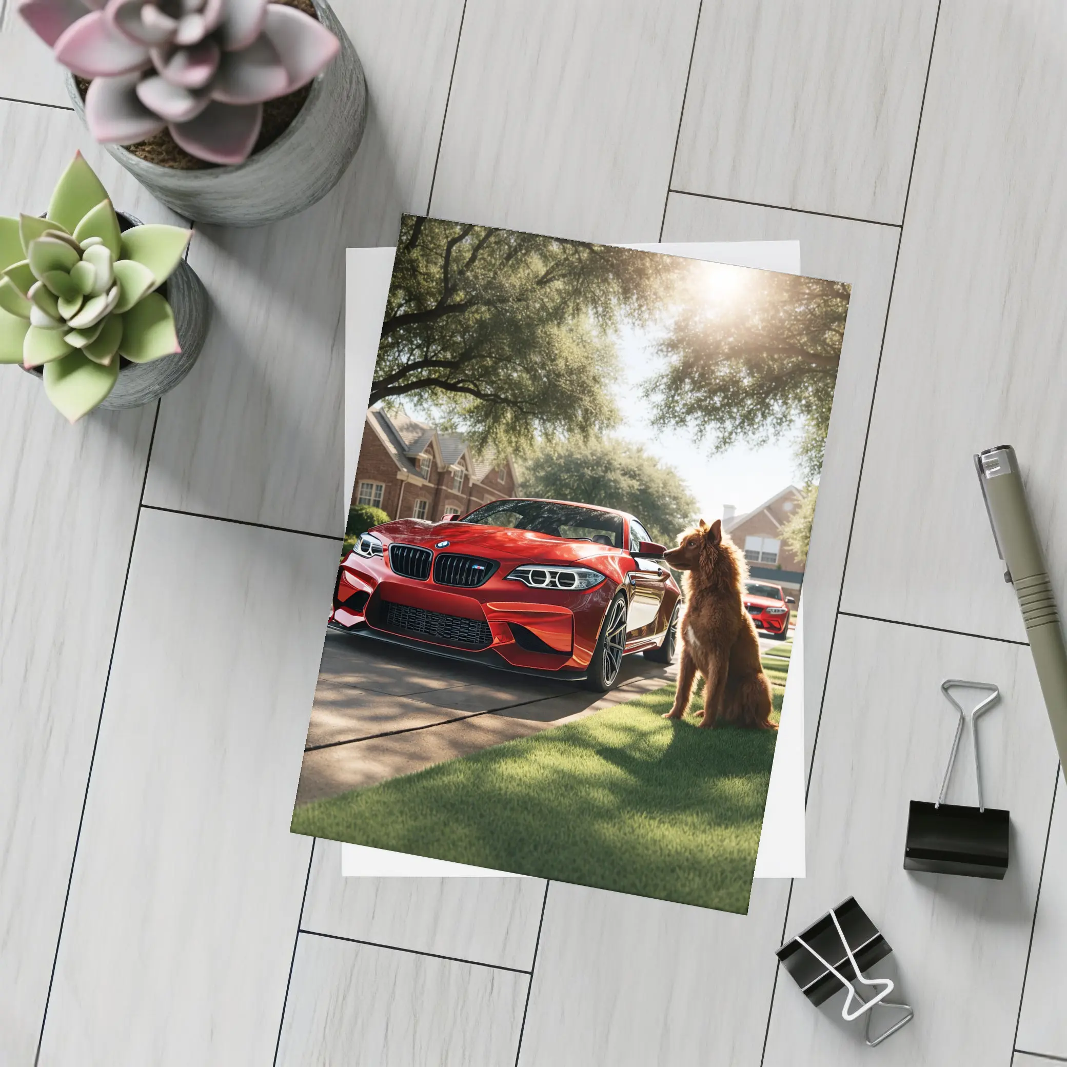 Red BMW M2 Dog Suburban Driveway Scene – Postcards
