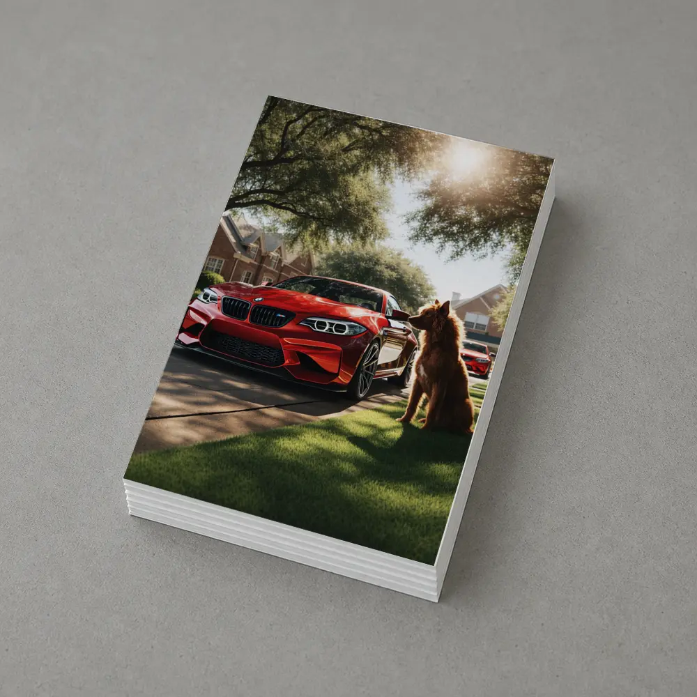 Red BMW M2 Dog Suburban Driveway Scene – Postcards