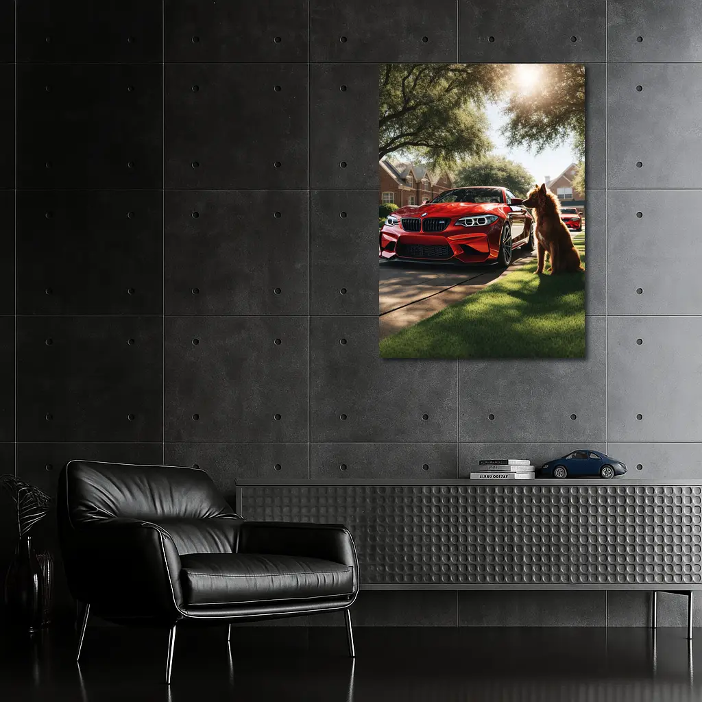 Red BMW M2 Dog Suburban Driveway Scene – Wall Art