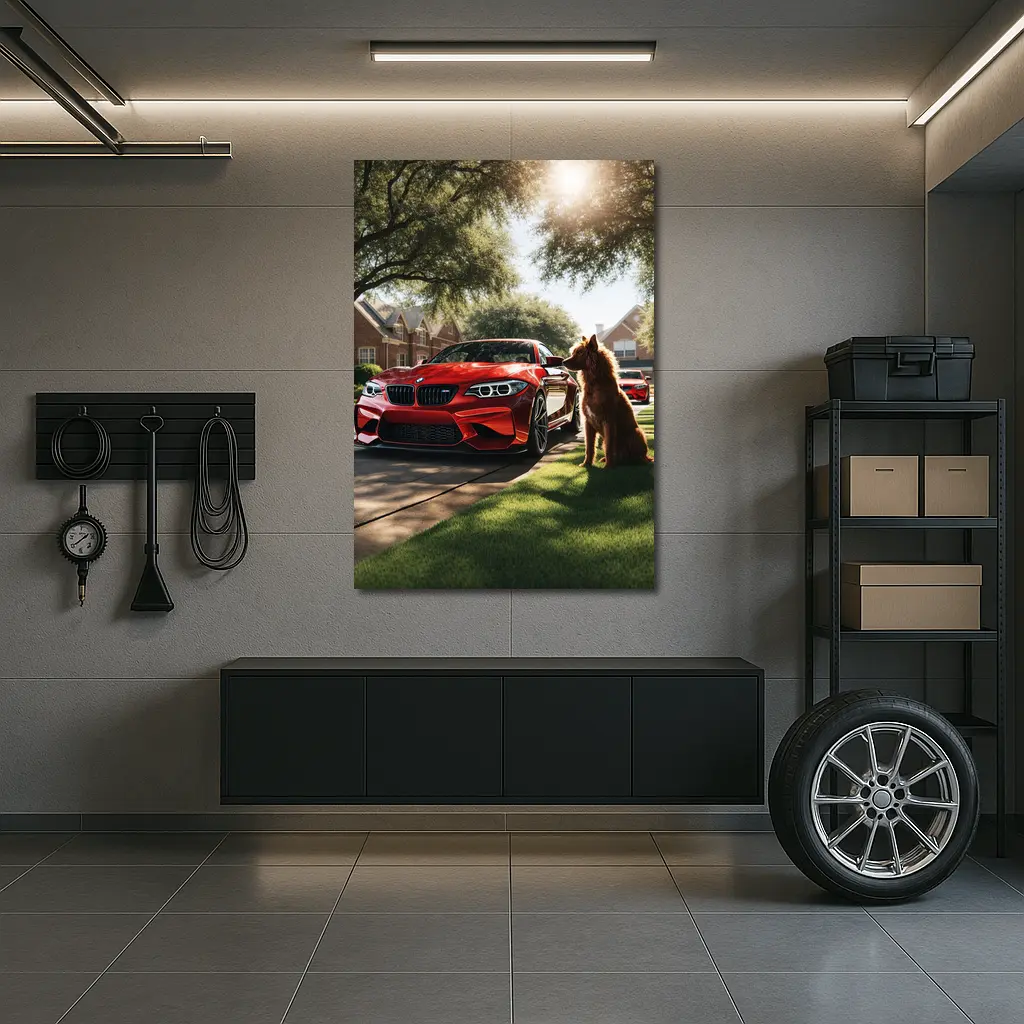 Red BMW M2 Dog Suburban Driveway Scene – Wall Art