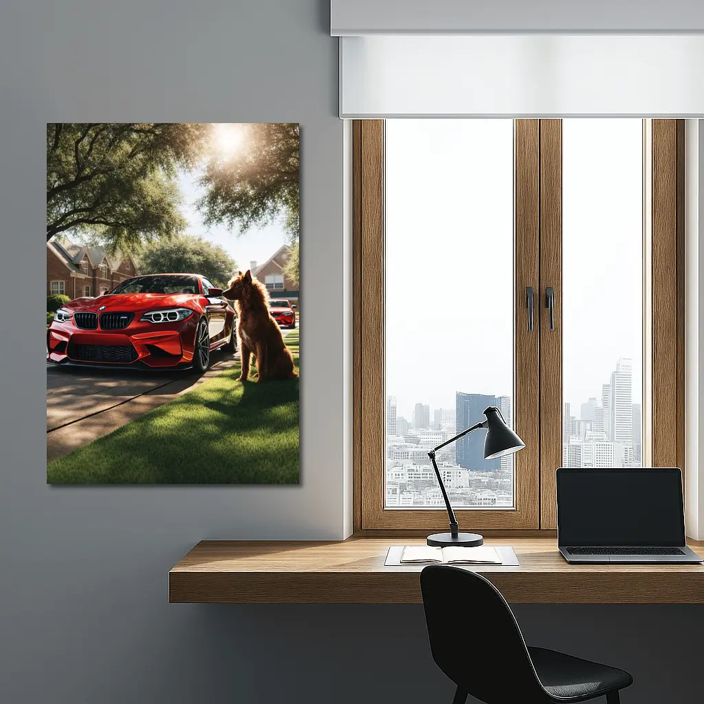 Red BMW M2 Dog Suburban Driveway Scene – Wall Art