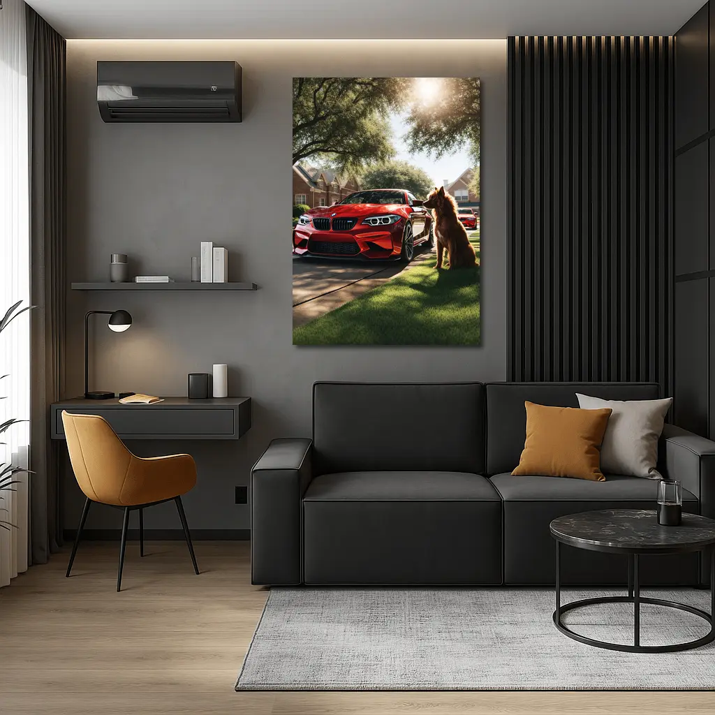 Red BMW M2 Dog Suburban Driveway Scene – Wall Art