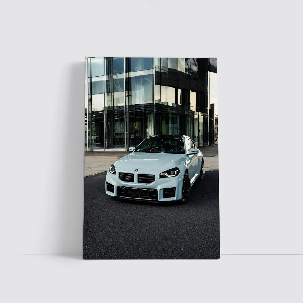 BMW M2 White Parked Outside Glass Building – Wall Art