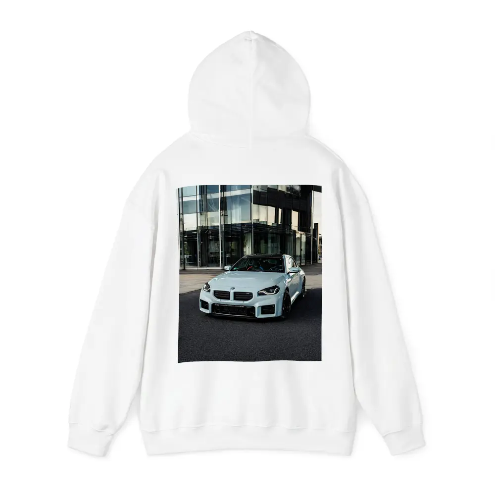 BMW M2 White Parked Outside Glass Building – Hoodies