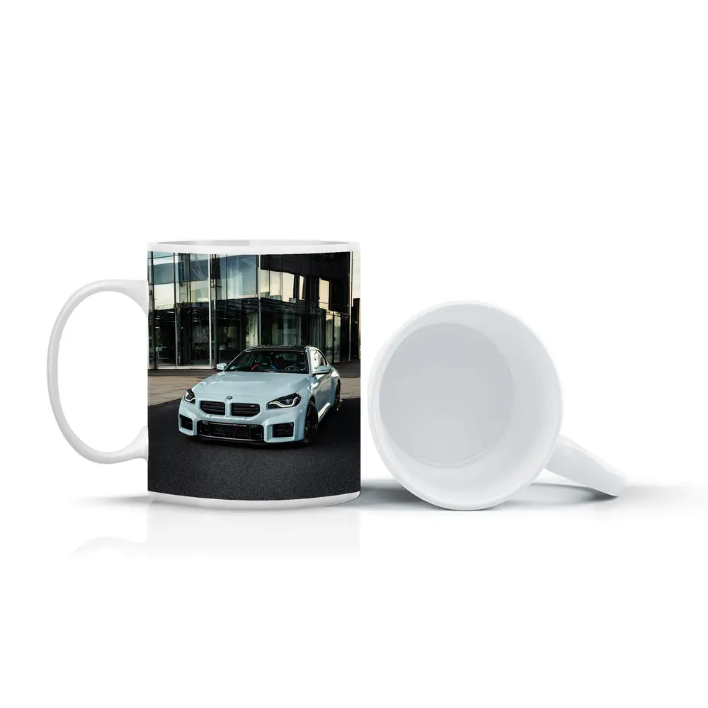 BMW M2 White Parked Outside Glass Building – Mugs