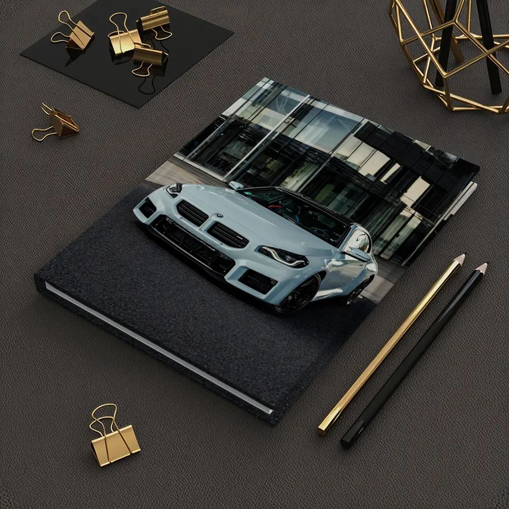 BMW M2 White Parked Outside Glass Building – Notebooks