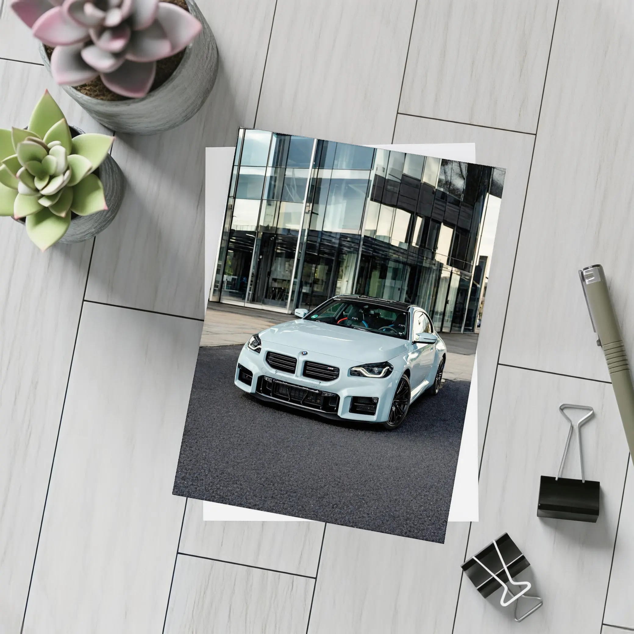 BMW M2 White Parked Outside Glass Building – Postcards