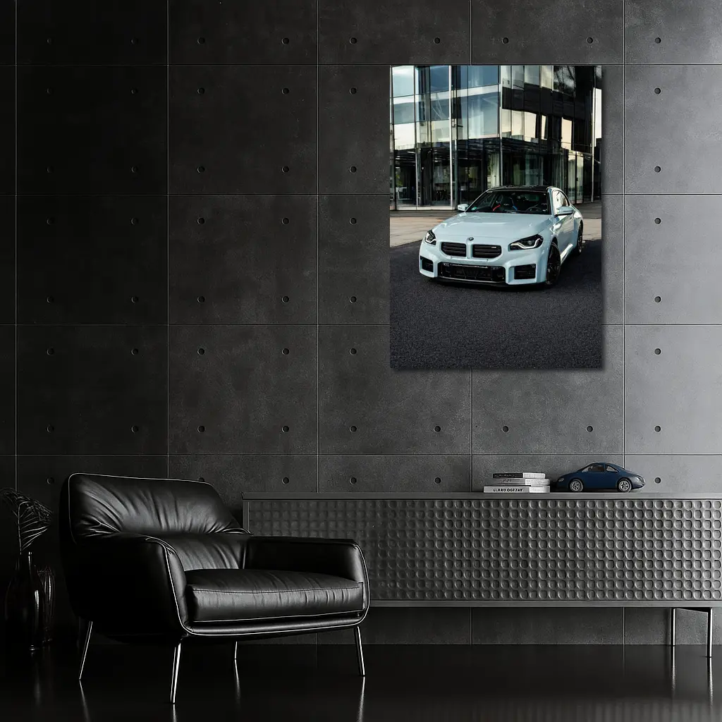 BMW M2 White Parked Outside Glass Building – Wall Art