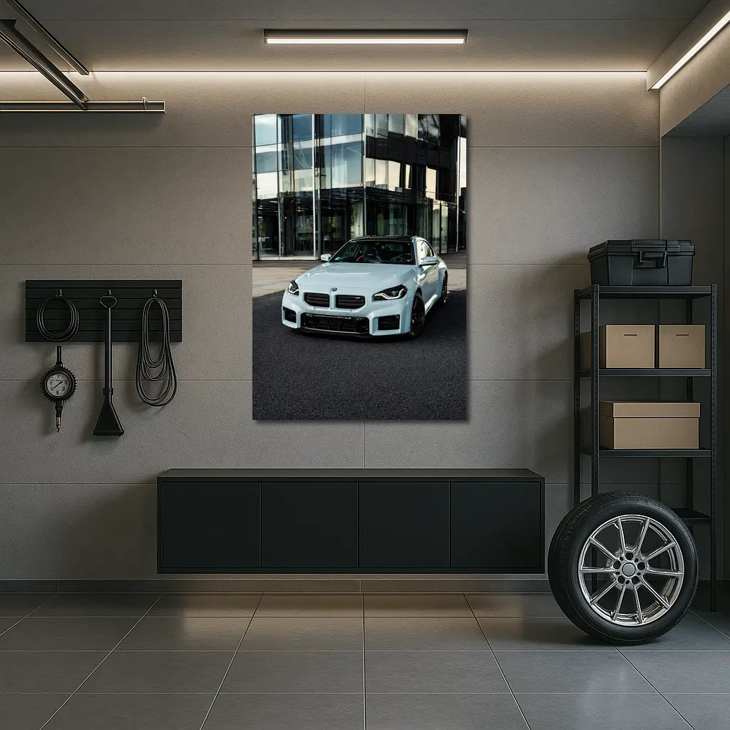 BMW M2 White Parked Outside Glass Building – Wall Art